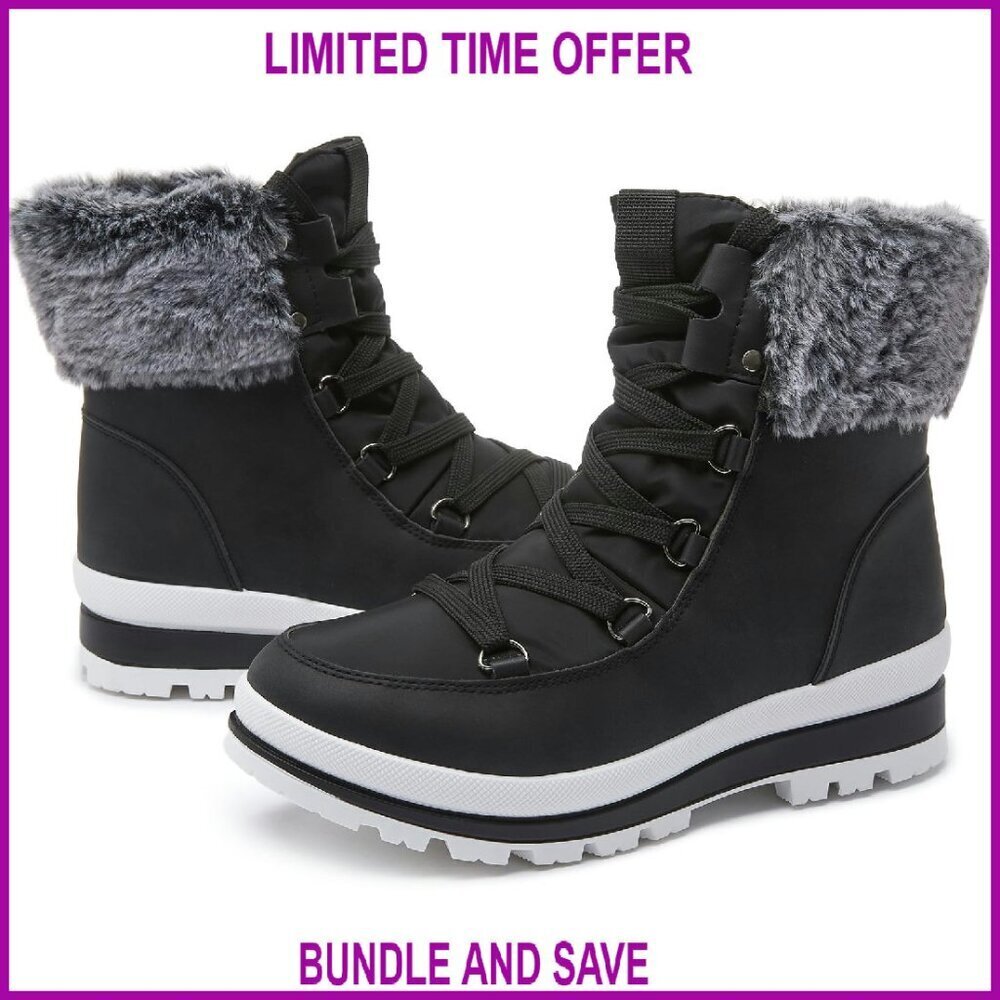 Women's Mid-Calf Snow Boots Waterproof Lace-Up Zipper Combat Boots